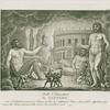 Ballo I Titani, atto II. Il tartaro. Uno de' Giganti annunzia l'arrivo di Tia: ne esultano I Titani stimandola opporterna per trasportar immantinente sulla terra i tre insidose'vasi. Progr. Stucchi inc. Angeli acq. [after a set design by Sanquirico]