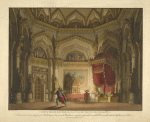 Camera del re rischiarata da un lume. Trono situato di fianco. Questa scena venne eseguita pel ballo tragico, La presa di Babilonia, composto, e messo sulle scene dell'I. R. Teatro alla Scala dal Sig. Francesco Clerico. Nella primavera dell'anno 1821. A. Sanquirico inv. e dip. G. Castellini inc.