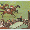 Horses on racetrack with marker