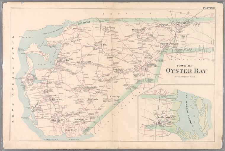 Map of town of Oyster Bay on Long Island, 1891, showing locations of residences with names of residents or property owners, including "T. Rosevelt" on peninsula by the bay