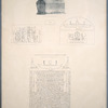 Sarcophagus found in Campbell's tomb: view of the sarcophagus, plan, deities at the foot, hierogliphical characters at the head and on the lid.