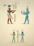 Île de Philée [Philae]. 1. Grand temple, paroi ouest; 2. Idem, chambre funéraire d'Osiris, à l'ouest; 3. Idem, soubassement du sanctuaire.
