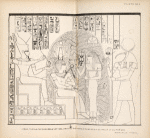 Atmoo, Thoth, & the goddess of letters [Seshat], writing the name of Remeses on the fruit of the persea. Memnonium, Thebes.