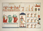 1. Kolorirtes Relief zu Karnak, in äusseren Umgange des granitnen innersten Heiligthums des Ammontempels; 2. ... Gruppe von drei Figuren ... (aus Katakombe zu Biban-el-Moluk); 3. [Bildwerke aus einem der Gräber von Biban-el-Moluk]; 4. ... drei Reihen symbolischer Wesen aus dem Tempel zu Luxor, ... ; 5. Eine Mannsphinx von einem colorirten Relief, ...; 6, 7, 9, 12. Kolorirte Glasmosaiken, ... ; 8. Ein sehr häufig vorkommendes Symbol, welches besonders an den Mumiensärgen niemals zu fehlen pflegt. [...] Es scheint eine Laute zu seyn, deren Saiten nicht angegeben sind ... ; 10. Eine Glasmosaik, vielleicht den Kopf des Phthah oder Vulkan darstellend, des Vaters der Götter, nach dem Obelisken des Hermapion ... ; 11. Eine zu Edfou oder Apollinopolis Magna gefundene Glasmosaik, den sogenannten Phönix in der schon bemerkten Art darstellend; 13. Darstellung des Ibis auf einem bei Hermopolis gefundenen kleinen Sarkophag mit einer Ibismumie, ...