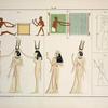 1. Zwei Netzflechter, nach einem Gemälde in den Gräbern von Beni-Hassan; 2. Ein Weber, ebendaselbst; 3. Basrelief an der Decke des Pronaos des Minerventempels zu Esneh oder Latopolis: eine mänliche Gestalt mit vier Widderköpfen, ... ; 4,5. Colorirte Reliefs mit dem kleineren Tempel zu Absambul [Abu Simbel] in Nubien, ... ; 6. Vertieftes Relief an der äusseren Wand des Tempels des Arueris-Apollo zu Edfou oder Apollonopolis Magna ...