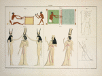 1. Zwei Netzflechter, nach einem Gemälde in den Gräbern von Beni-Hassan; 2. Ein Weber, ebendaselbst; 3. Basrelief an der Decke des Pronaos des Minerventempels zu Esneh oder Latopolis: eine mänliche Gestalt mit vier Widderköpfen, ... ; 4,5. Colorirte Reliefs mit dem kleineren Tempel zu Absambul [Abu Simbel] in Nubien, ... ; 6. Vertieftes Relief an der äusseren Wand des Tempels des Arueris-Apollo zu Edfou oder Apollonopolis Magna ...