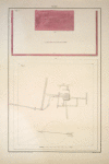 1. Halber Grundriss der eröffneten Pyramide zu Sakkara und ihrer Umfassungsmauer ... ; 2. Quadrat der Pyramide, dessen Seiten nicht genau nach den Himmelsgegenden orientirt, und auch nicht ganz von gleicher Länge sind.