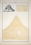 1. Aeussere Ansicht der Pyramide, deren Stufen vom Wüstensande fast verweht sind, ...; 2. Die Eingangsthüre, ... ; 3. Durchschnitt der Pyramide, die in sieben Absätzen, nebst einem Sockel, erbaut ist, und lebhaft an die Construction des gleichfalls aus acht Absätzen bestehenden Belustempels zu Babylon erinnert. ...