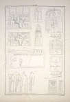1. a,b,c,d. Die vier Seiten eines kleinen Grabes oder Todtenkästchens. ... ; 2. [Ein Kästchen zu Latopois]; 3. a,b,c. Dieses zu Theben [Thebes] gefundene Kästchen enthält die Mumie einer Schlange, wahrscheinlich von der dem Ammon geweihten Art, die im Tempel desselben begraben wurde. ... ; 4. Dieses Gemälde scheint ebenfalls einem solchen Kästchen, wie Fig. 1., gehört zu haben, ist indess äusserst nachlässig ausgeführt und nur des Inhaltes wegen hier mitgetheilt. ... ; 5. a,b. Ein steinernes Dintenfass, vielleicht einst das Amtsgeräth eines Hierogrammateus, ...