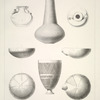 1 et 2. Vase en verre (chambre 22); 3. Bouteille en terre cuite (harem); 4-7. Coupes en terre émaillée (Djigan); 8. Vase en terre peinte (Djigan). Grandeur d'exécution.
