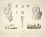 Bronzes. 1 et 2. Enveloppe d'un palnier, Porte Z. du harem. (Réduction à moitie); 3-7. Boutons; 8,9. Coupes; 10. Statuette massive, Djigan. (Grandeur d'exécution.)