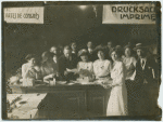 Congress office staff: L. to R. Miss Opler, Dr. Aranka Balint, Director of Ravel Agency, Paula Pogány, Jane Dirnfeld, Hilda Behr, and Erno Reinitz.