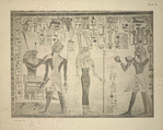 Gemhes (?) (who is the god Horus) blesses the king Amenhetep III [Amenhotep III] (left side); The goddess Nekhebt faces the king, who offers her two bowls of the kind so often figured in the funeral offerings to Osiris (right side)