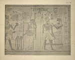 The king ... wears the crown of Lower Egypt only, and burns incense in a golden lamp to the goddess before him. With his right hand he pours out a libation ... (left side). The king, in mortal royal dress, holding the amulet ankh in his right hand, is blessed by Amen [Amon] (right side)