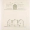 Firouz-abad [Fīrūzābād]. Palais sassanide. Façade principale restaurée; Coupe sur la largeur.
