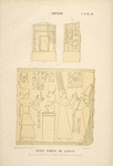 Abydos. Petit temple de l'ouest. a. Naos de granit; b. Sur la façade, [le roi Nectanèbe II en adoration devant Thot; le dieu Anhour en adoration devant Osiris]; c. Sur une des faces latérales, [fragments de légende de Nectanèbe II (XXXe. dynastie)].