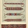 a-e) Women's glass-bead necklaces from Neresnice and Jasina (c-e); f) Woven stripe for ornamenting a Kirghiz "kibitka"