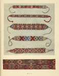 a-e) Women's glass-bead necklaces from Neresnice and Jasina (c-e); f) Woven stripe for ornamenting a Kirghiz "kibitka"