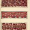 a) "Ustavka" of woman's blouse ornamented with cotton, Rakhovo; b) Edge of the broad sleeve of man's blouse ornamented with cotton, Rosuška; c) "Ustavka" of woman's blouse embroidered with cotton, Kossovska Polyana