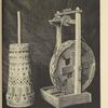 a) Wooden churn with burnt-in ornament, b) wooden spinning-wheel with burnt-in ornament, Kossovska Polyana