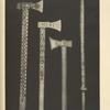 a-c) Hucul wooden axes, ornamented with carving and burnt-in decoration, d) old carved spindle, Jasina