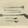 Wooden objects: a) churn-staff, Kostrina, b-c) carved spindles, Kostrina, d) large spoon for milk, Jasina, e) small spoon, Kostrina, f) spoon with carved handle, Lyubna.