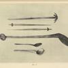 Wooden objects: a) churn-staff, Kostrina, b-c) carved spindles, Kostrina, d) large spoon for milk, Jasina, e) small spoon, Kostrina, f) spoon with carved handle, Lyubna.