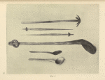 Wooden objects: a) churn-staff, Kostrina, b-c) carved spindles, Kostrina, d) large spoon for milk, Jasina, e) small spoon, Kostrina, f) spoon with carved handle, Lyubna.