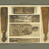 Fragments de bois sculptés ou incisés à usage de pied de quenouille, couteau et battoir