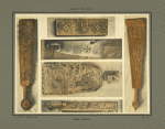 Fragments de bois sculptés ou incisés à usage de pied de quenouille, couteau et battoir