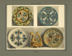 Plat et assiettes en faïence, récipient à eau peints et décorés