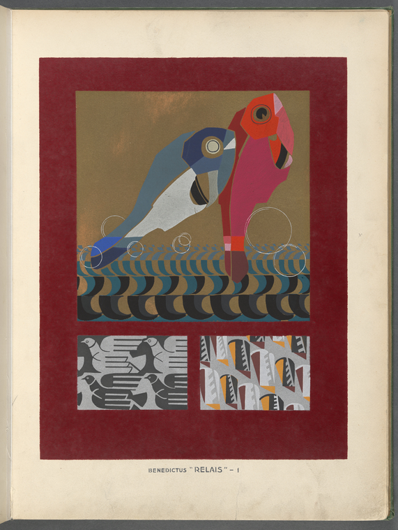 Fish, birds, abstract shapes; on dark red field - NYPL Digital Collections