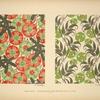 Design based on red and green vegetal shapes; design based on leaves and flowers