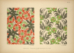 Design based on red and green vegetal shapes; design based on leaves and flowers