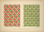 Design based on red flowers and green leaves; design based on green vegetal shapes