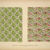 Design based on round green leaves; round green and red vegetal shapes
