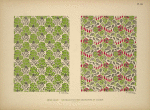 Design based on round green leaves; round green and red vegetal shapes