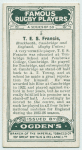 T. E. S. Francis, Blackheath, Cambridge, and England. (Rugby Union.)