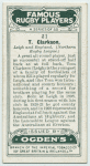 T. Clarkson, Leigh and England. (Northern Rugby League.)