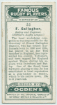 F. Gallagher, Batley and England. (Northern Rugby League.)