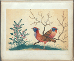 Two pheasant-like birds with flowering plants