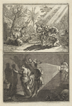Plate. Top scene is group of men pointing out their shadows on the ground; bottom scene is artist using lamp to project shadows onto a wall.