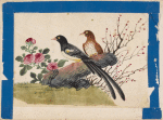 Birds of China. [Black bird and brown bird on stone with branches and berries, flowers]