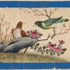 Birds of China. [Brown bird on stone, green bird on branch]