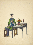 Woman seated at table, playing a xiao