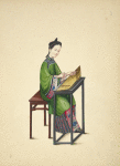 Woman seated at table, playing a zheng