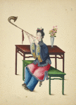 Woman seated on green bench, playing wind instrument with a curved bell