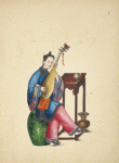 Woman seated on a green stool, playing a pipa