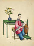 Woman seated on a stool, playing a luo