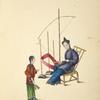 Woman and girl putting thread onto spindles